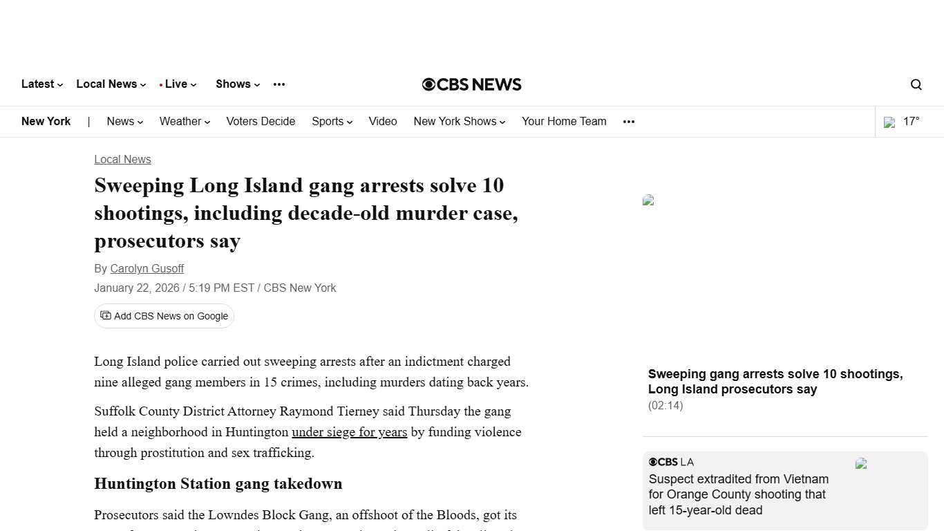 Sweeping Long Island gang arrests solve 10 shootings, including decade-old murder case, prosecutors say - CBS New York